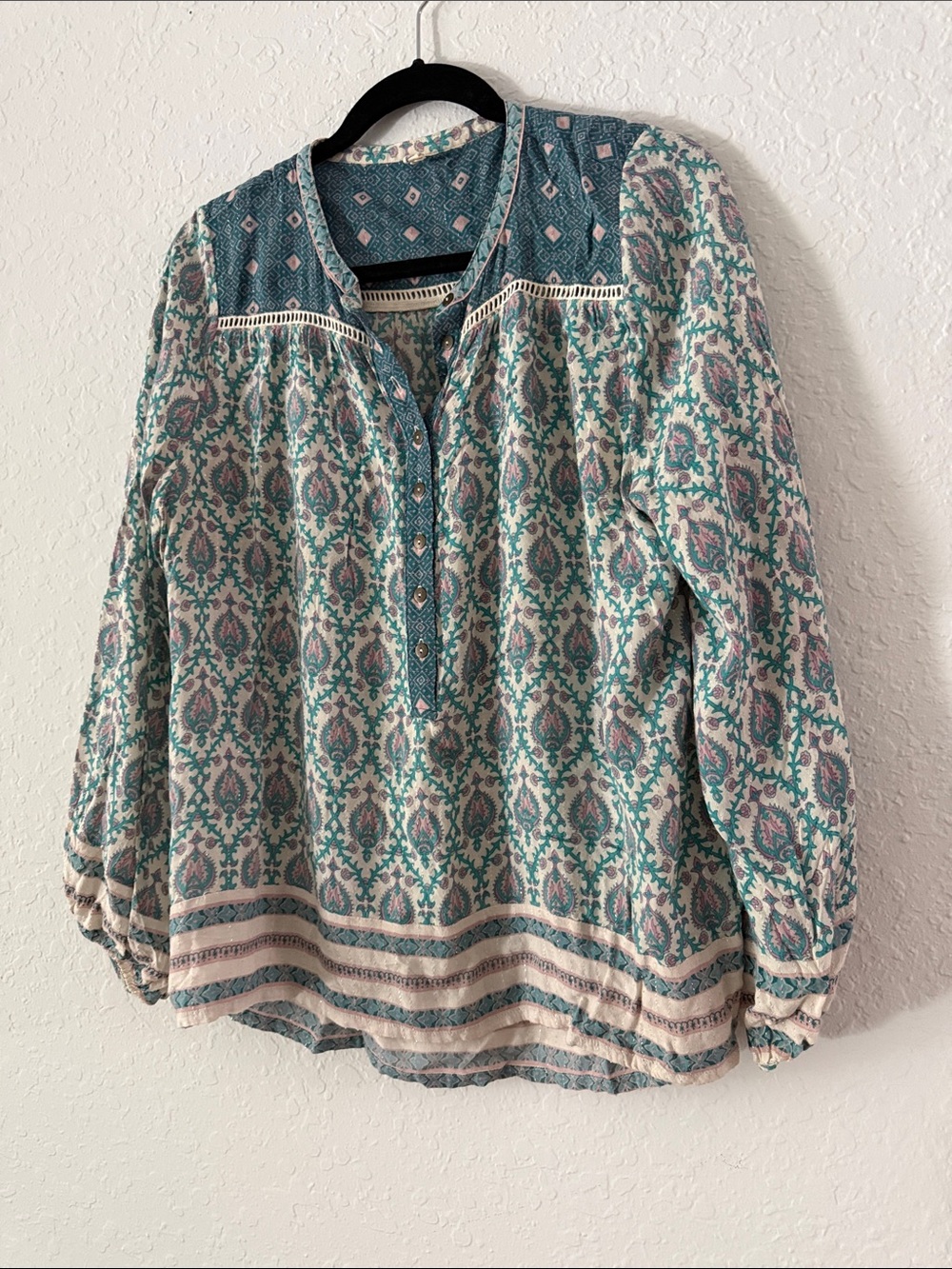 Spell Oracle Sage Teal & Cream Printed Boho Blouse - L